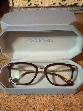 Swarovski Deep Burgundy and Gold Women's Eyeglasses with Crystal Detail